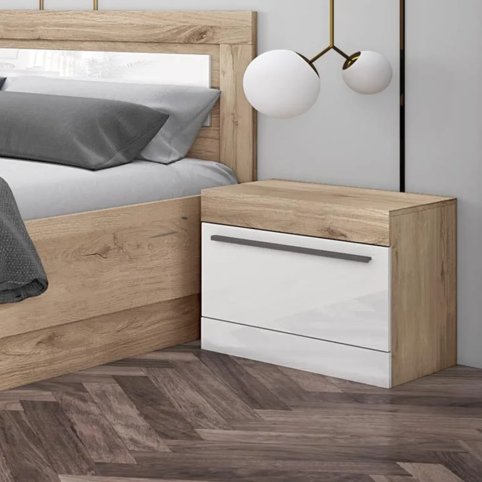 Camera da letto completa matrimoniale bianco lucido rovere sonoma Monaco