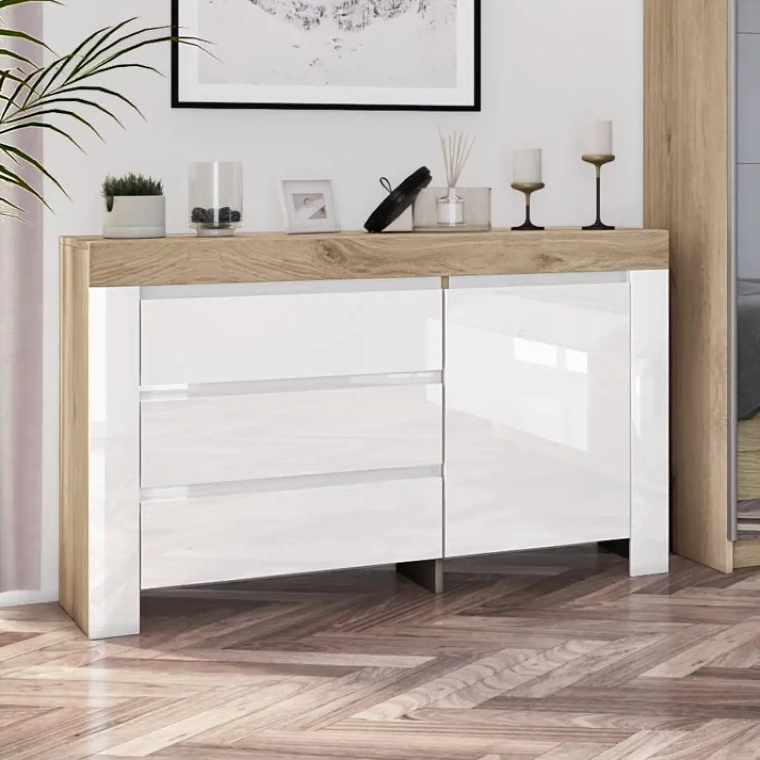 Camera da letto completa matrimoniale bianco lucido rovere sonoma Monaco