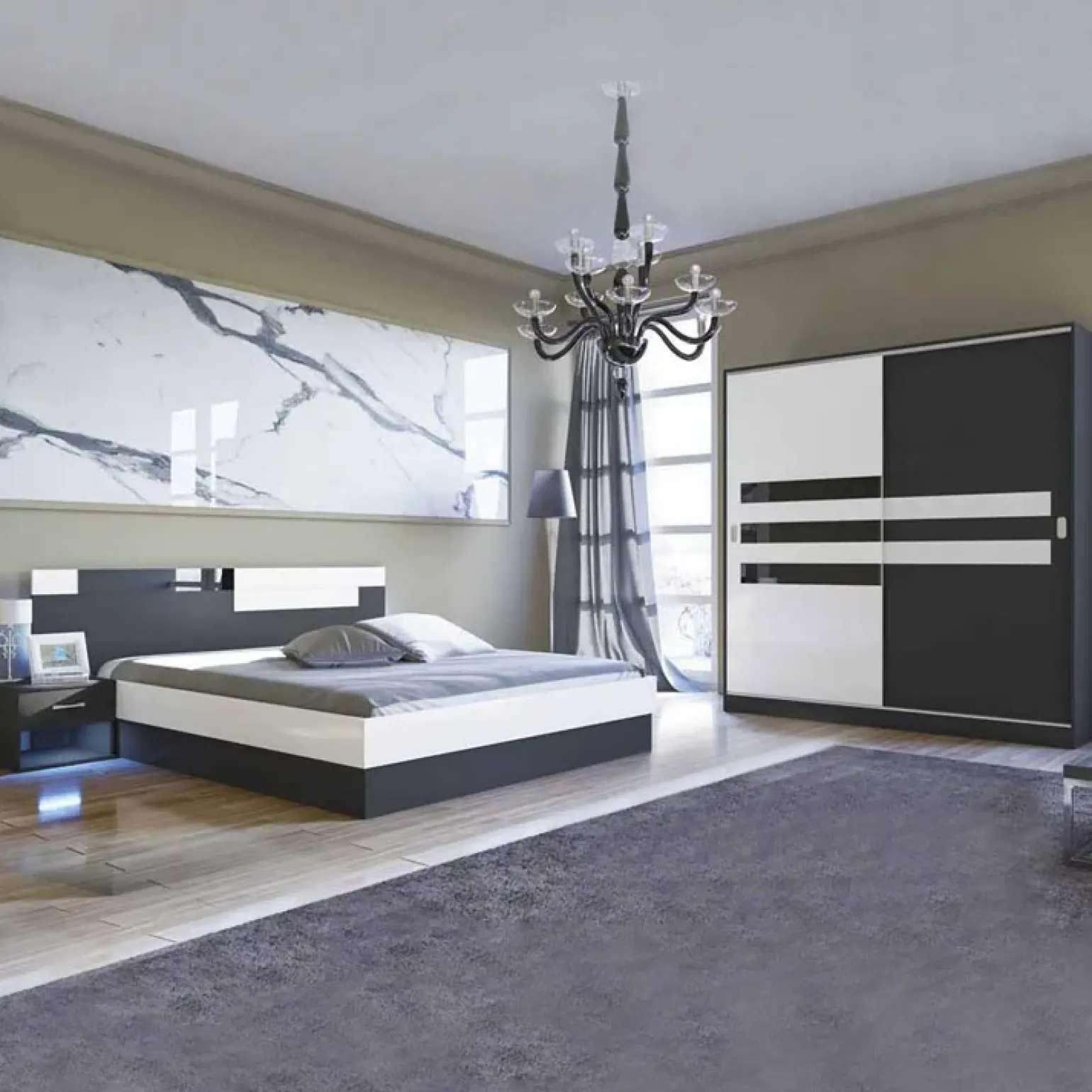 Camera da letto moderna completa matrimoniale nero bianco lucido Dallas