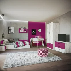 Cameretta 1 letto contenitore completa bambini pino bianco fucsia Ford