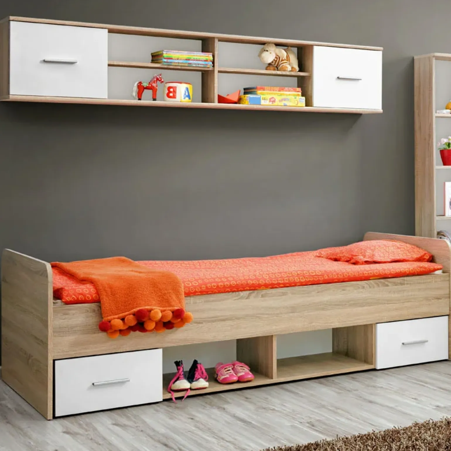 Cameretta bambini 1 letto singolo quercia sonoma bianco opaco Ciak 1