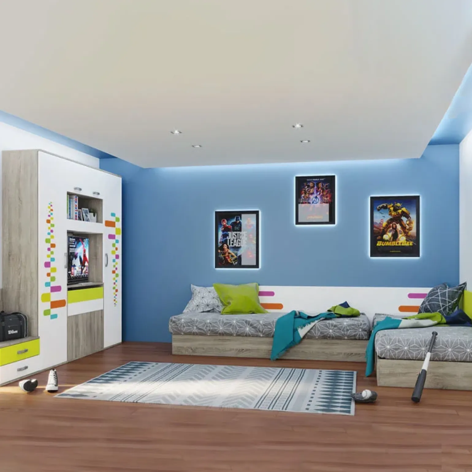 Cameretta bambini completa 2 letti contenitore rovere bianco opaco verde Noemi