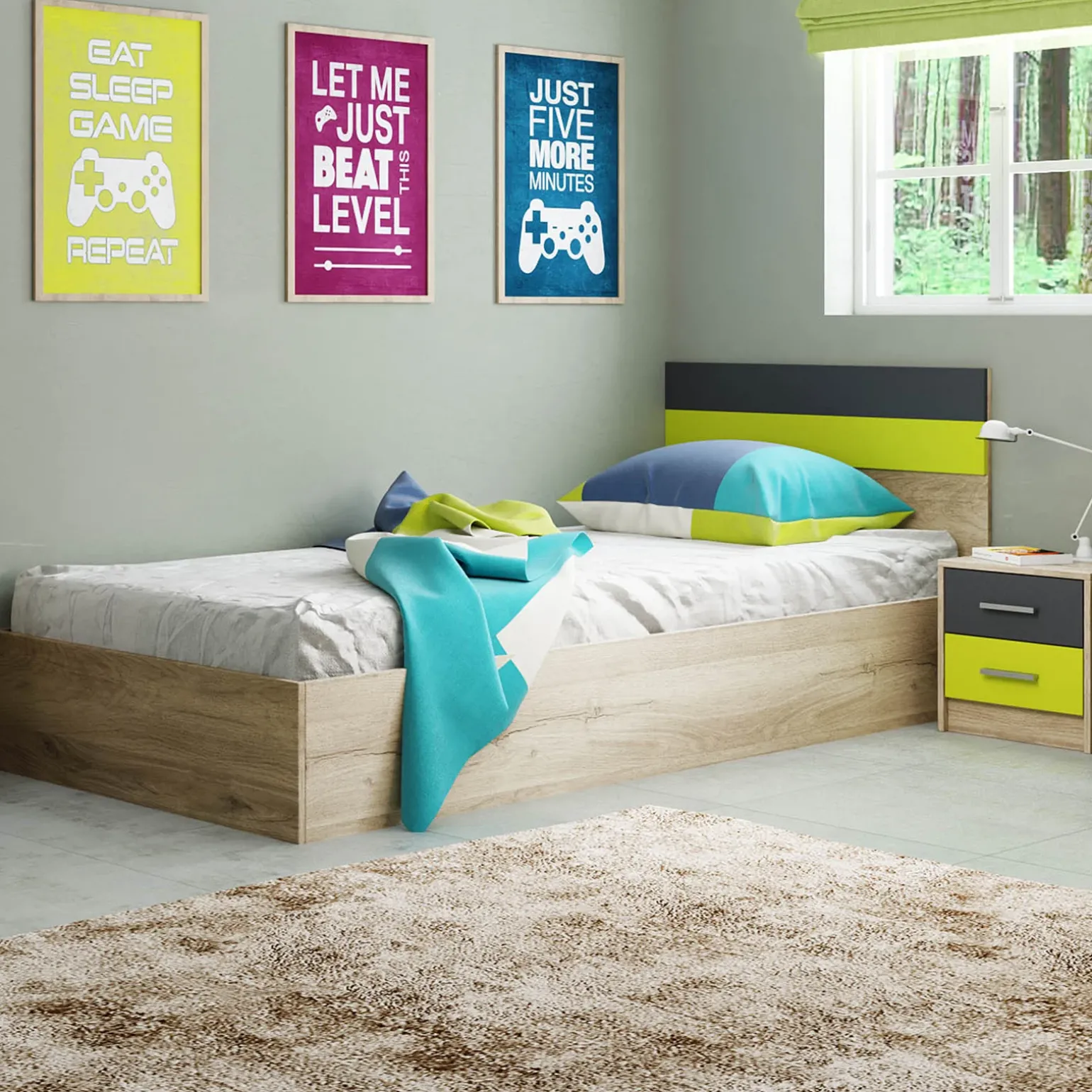 Cameretta bambini rovere verde mela grafite armadio letto comodino cassettiera scrivania Cooper