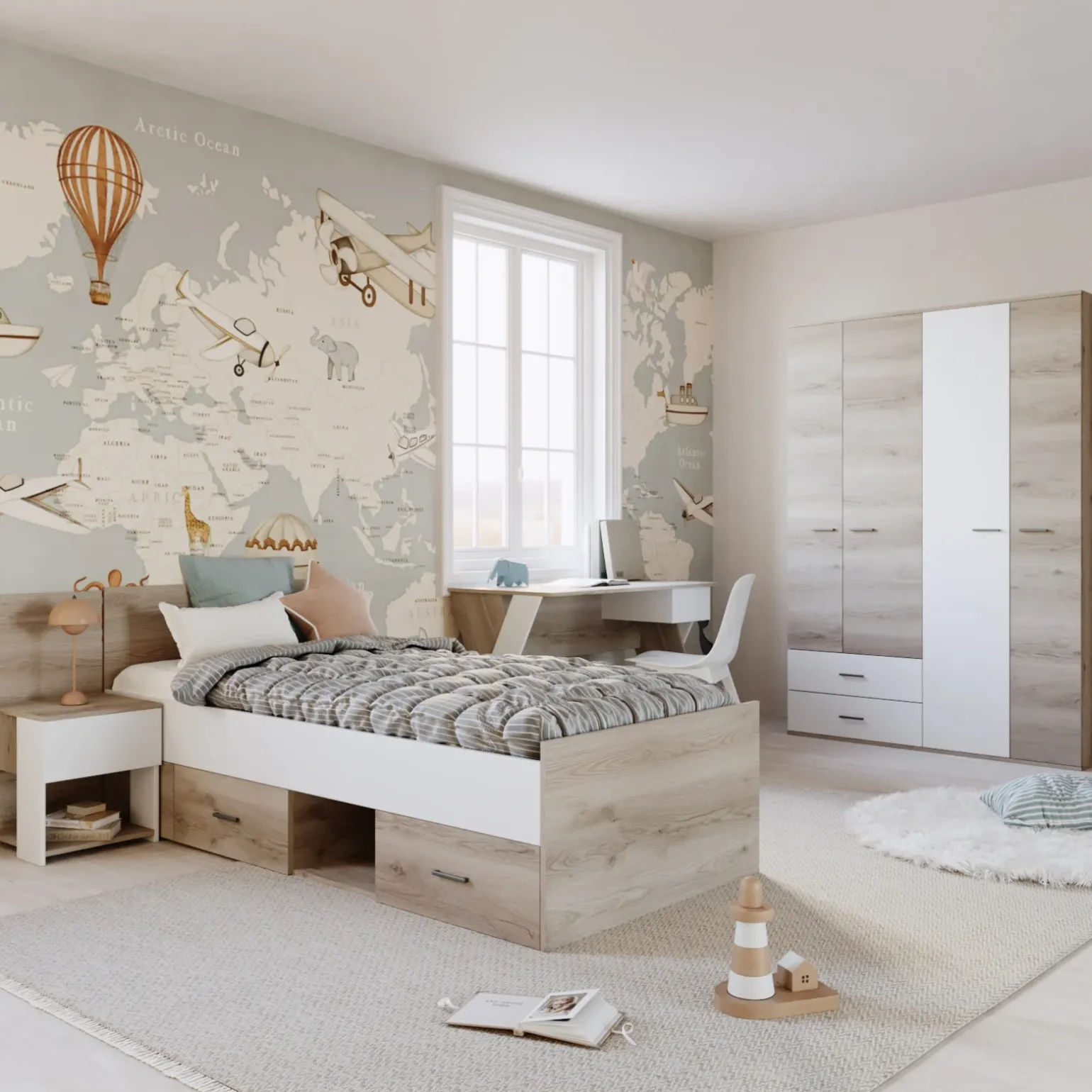 Cameretta completa bambini 1 letto singolo rovere bianco Francesco Gihome®
