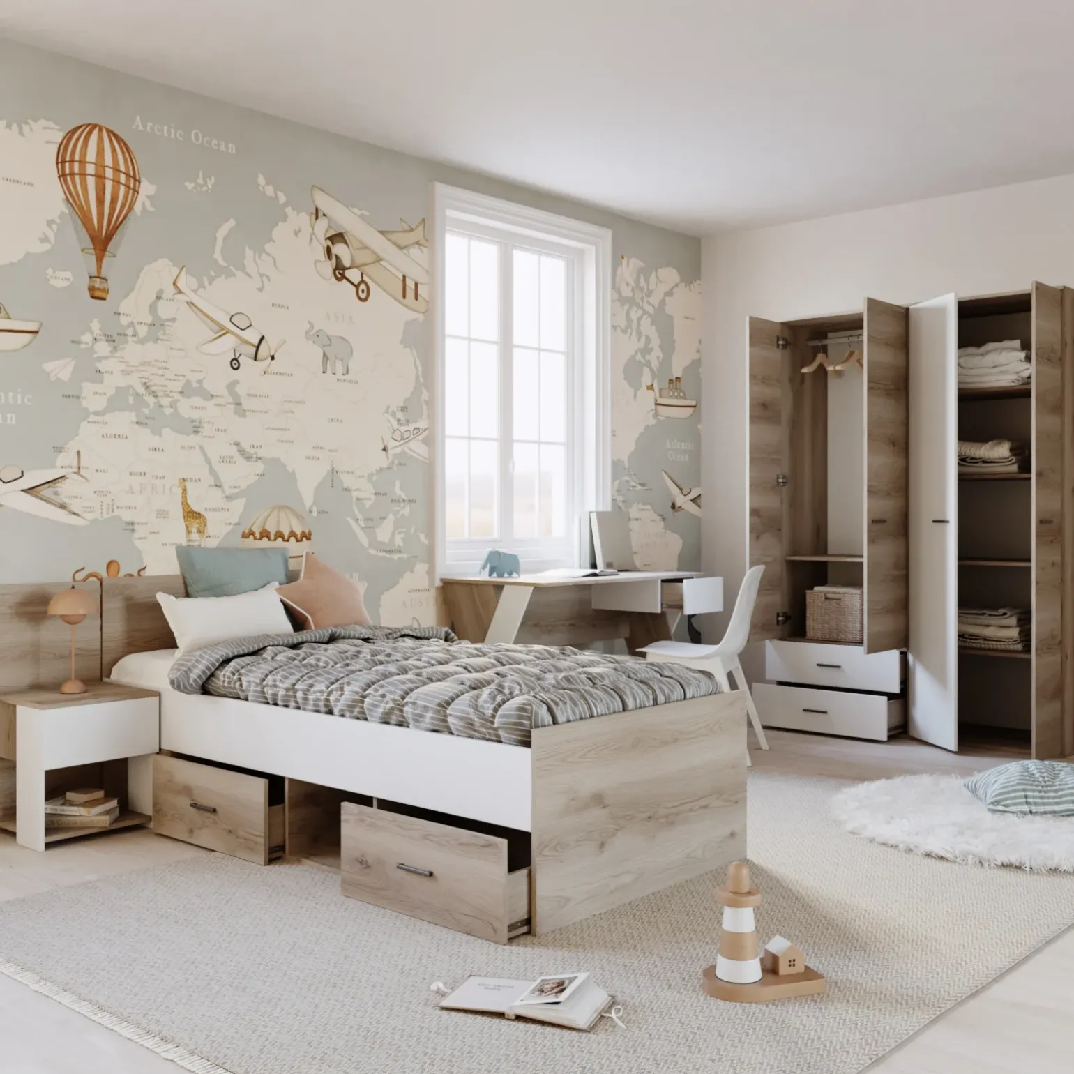 Cameretta completa bambini 1 letto singolo rovere bianco Francesco Gihome®