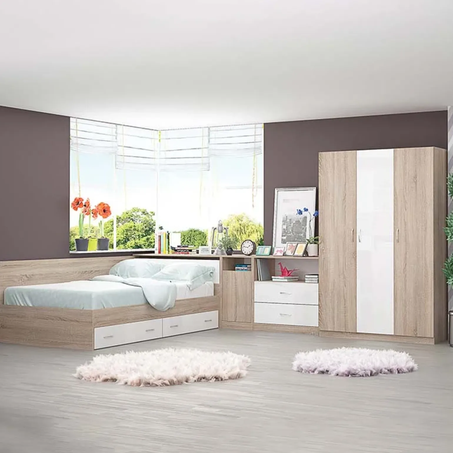 Cameretta completa con letto una piazza e mezza, comò e armadio 3 ante rovere bianco Cesare