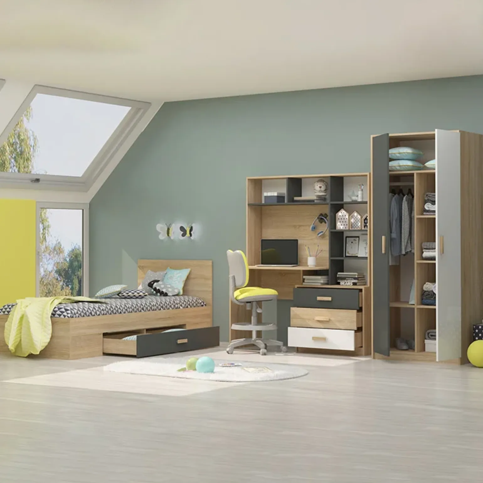 Cameretta completa per bambini rovere antracite bianco Chiaretto