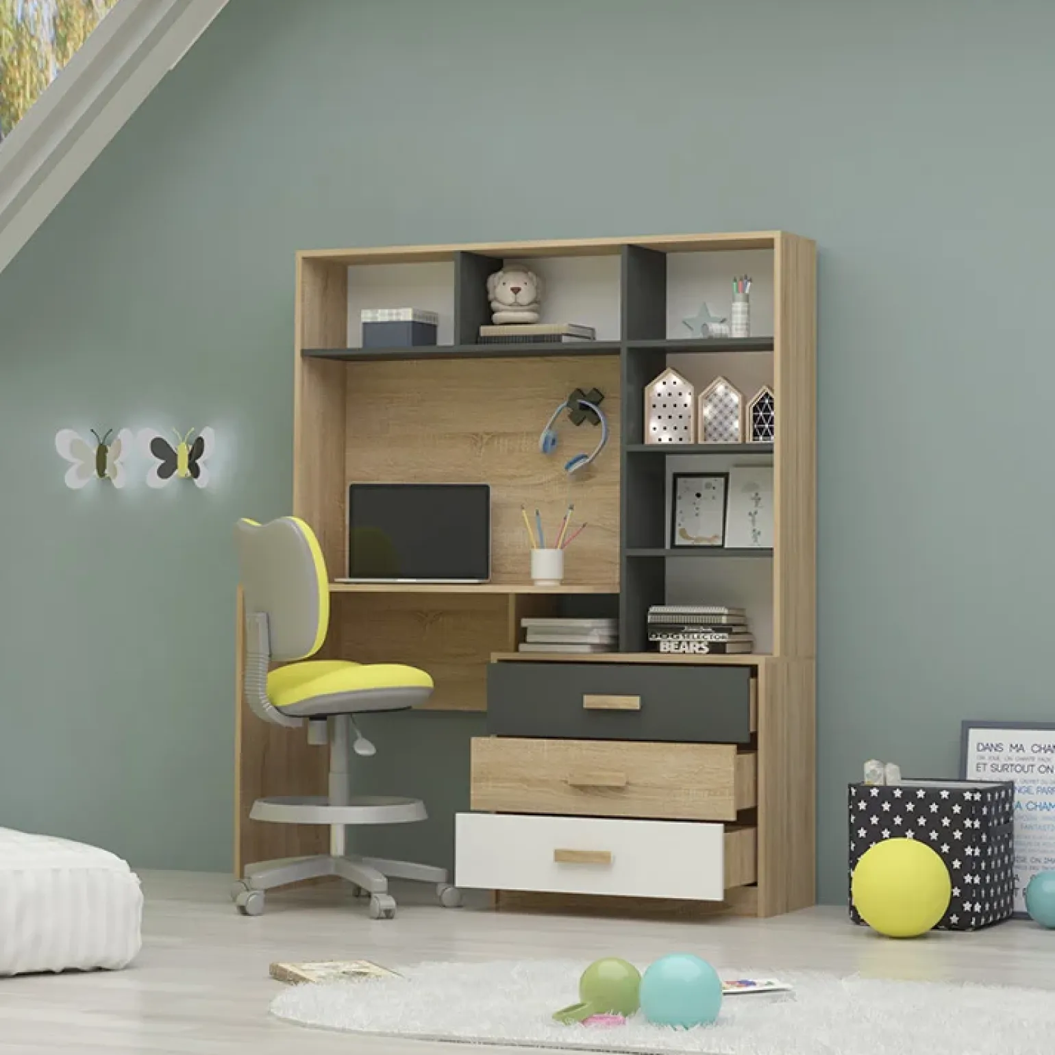 Cameretta completa per bambini rovere antracite bianco Chiaretto