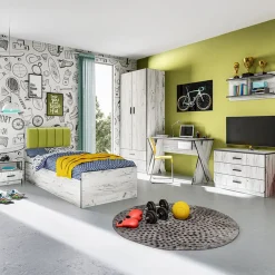 Cameretta per bambini 1 letto singolo contenitore bianco rustico verde Zadar