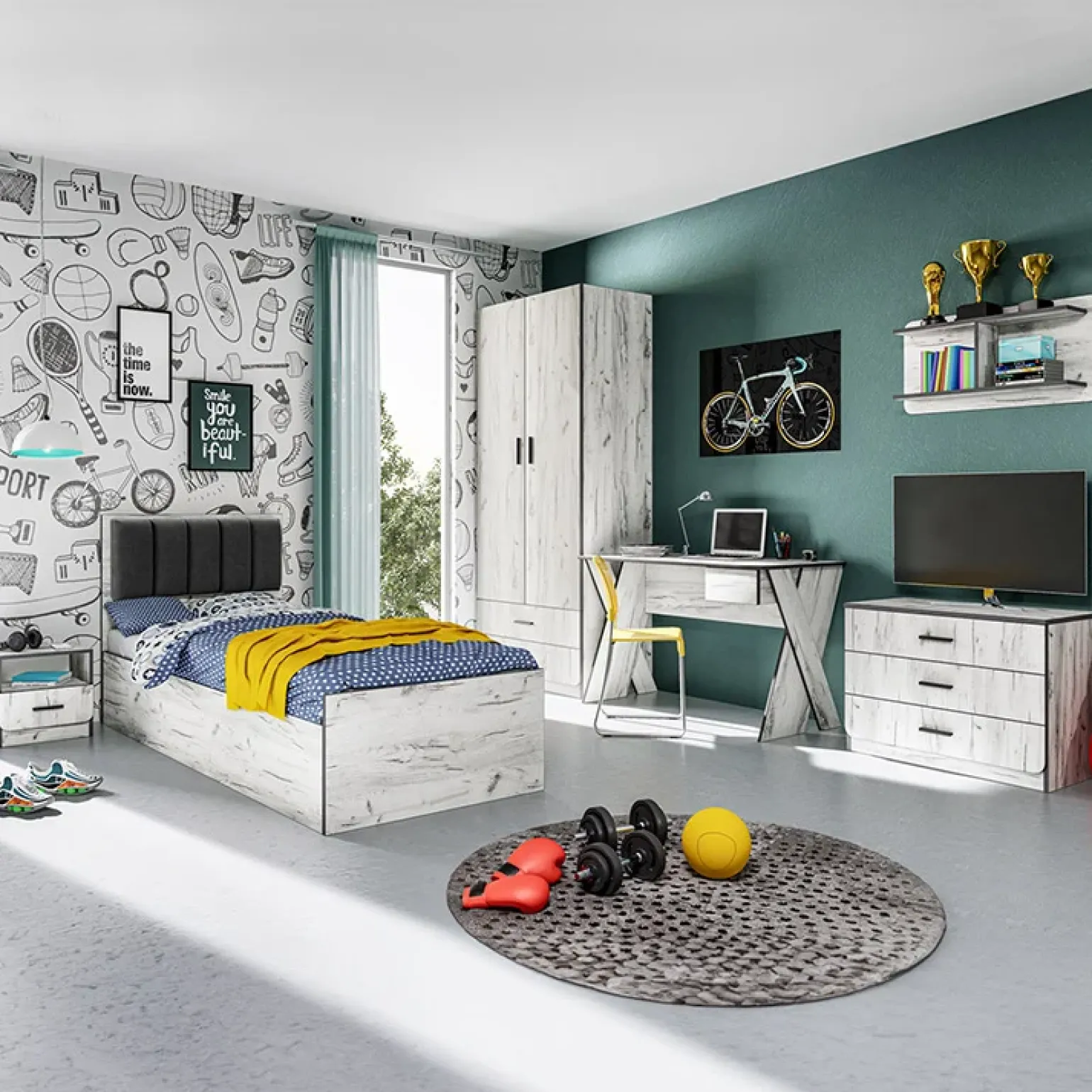 Cameretta per bambini 1 letto singolo contenitore bianco rustico grigio Zadar