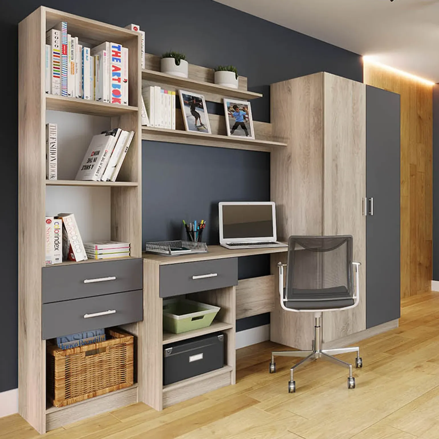 Cameretta per bambini completa 1 letto con cassettoni rovere grigio Kabala