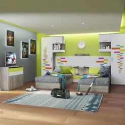 Cameretta per bambini completa 2 letti rovere bianco verde Serena Gihome®