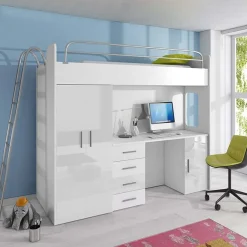 Cameretta 204x86 a soppalco per bambini bianco opaco e lucido Luca