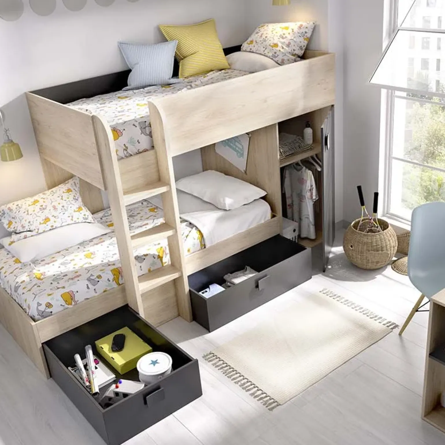 Cameretta 255x109cm 2 letti a soppalco reversibile rovere grafite Sole