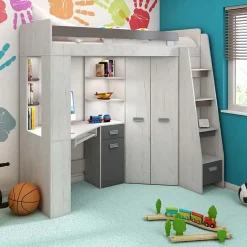 Cameretta 204x120cm 1 letto singolo completa destra bambini bianco pino grafite Dollie Gihome®