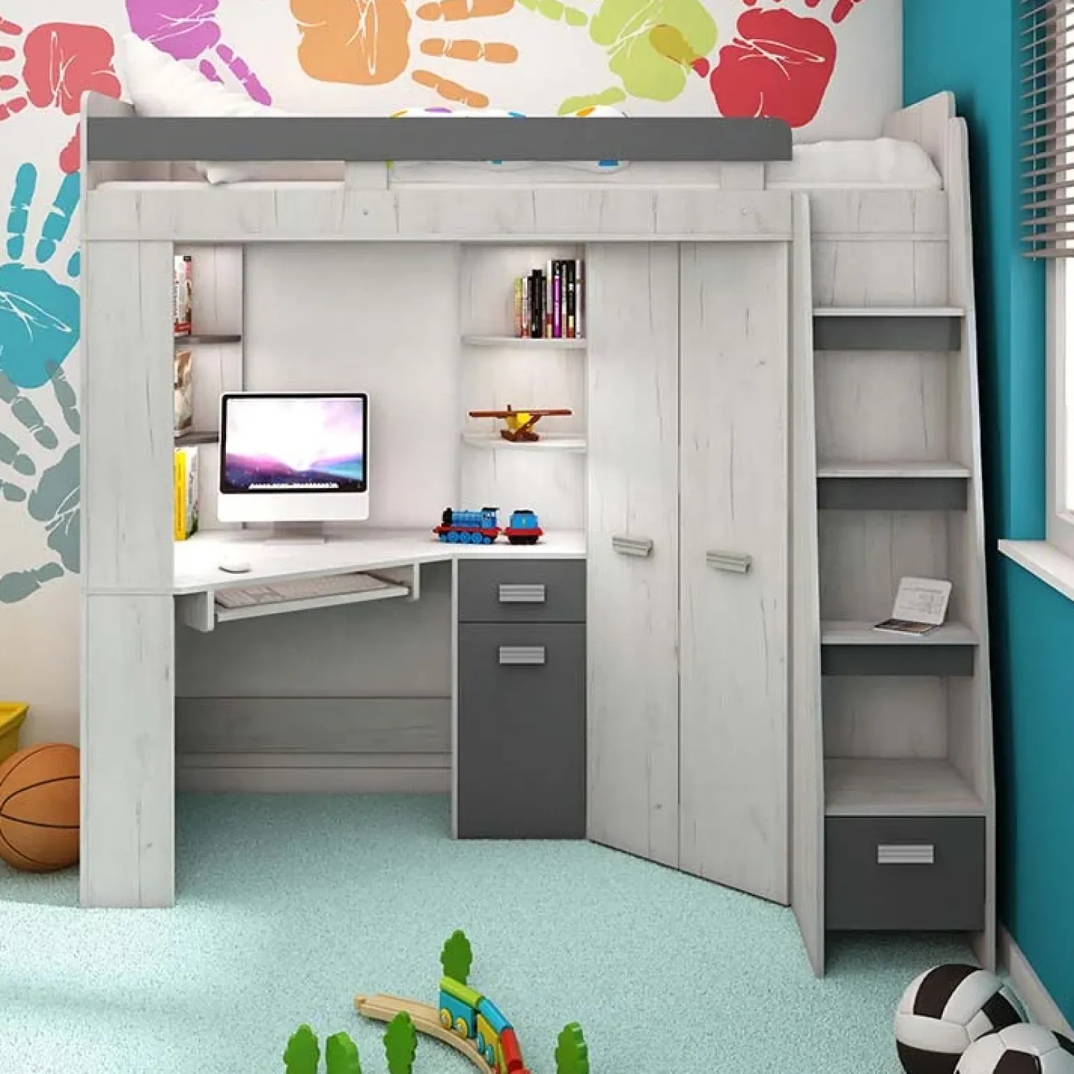 Cameretta 204x120cm 1 letto singolo completa destra bambini bianco pino grafite Dollie Gihome®