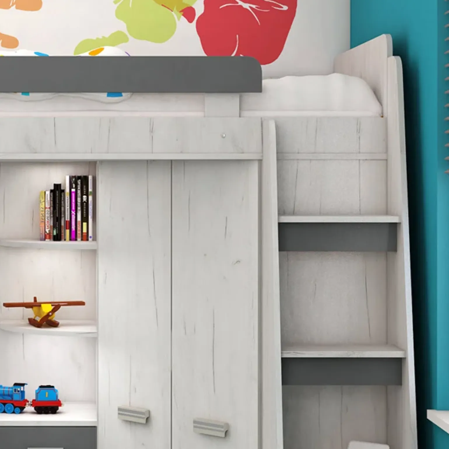 Cameretta 204x120cm 1 letto singolo completa destra bambini bianco pino grafite Dollie Gihome®