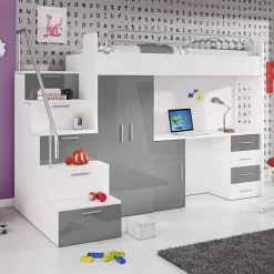 Cameretta 254x120cm 1 letto soppalco bianco grigio lucido Simone Gihome®