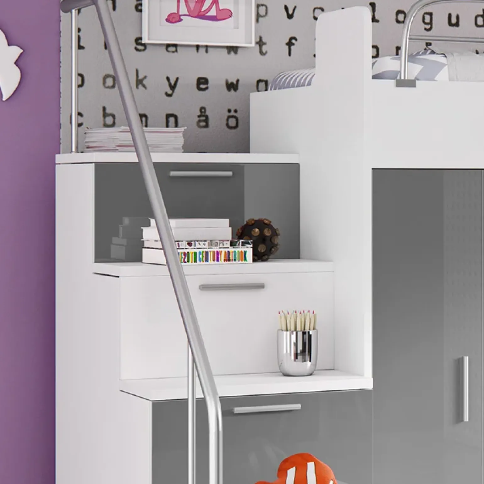 Cameretta 254x120cm 1 letto soppalco bianco grigio lucido Simone Gihome®