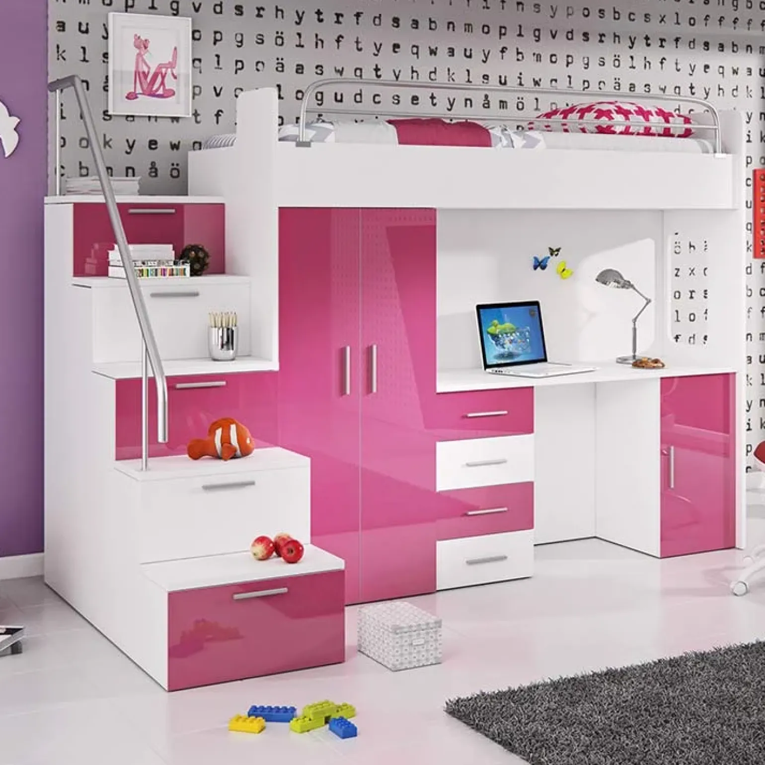 Cameretta 254x120cm 1 letto soppalco bambini bianco rosa lucido Simone Gihome®