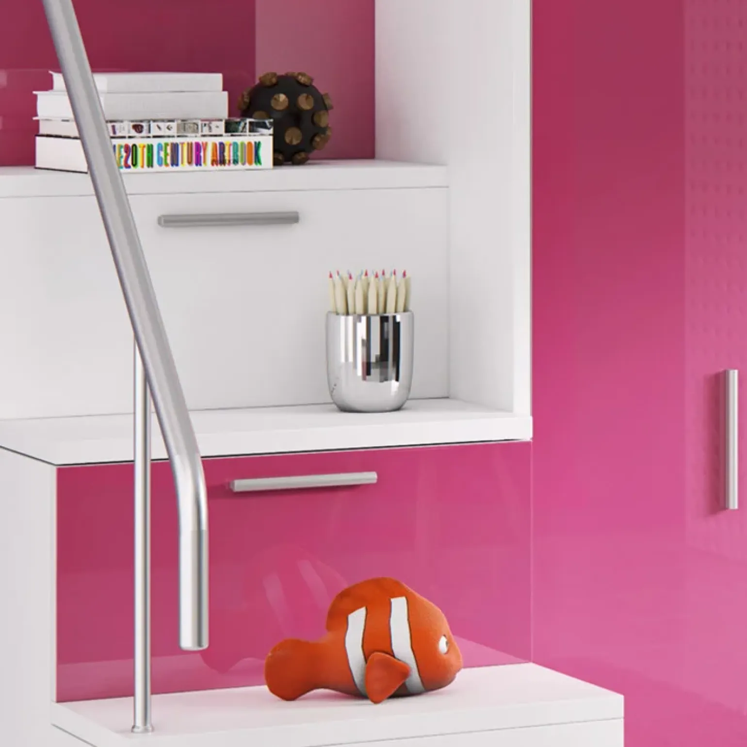 Cameretta 254x120cm 1 letto soppalco bambini bianco rosa lucido Simone Gihome®