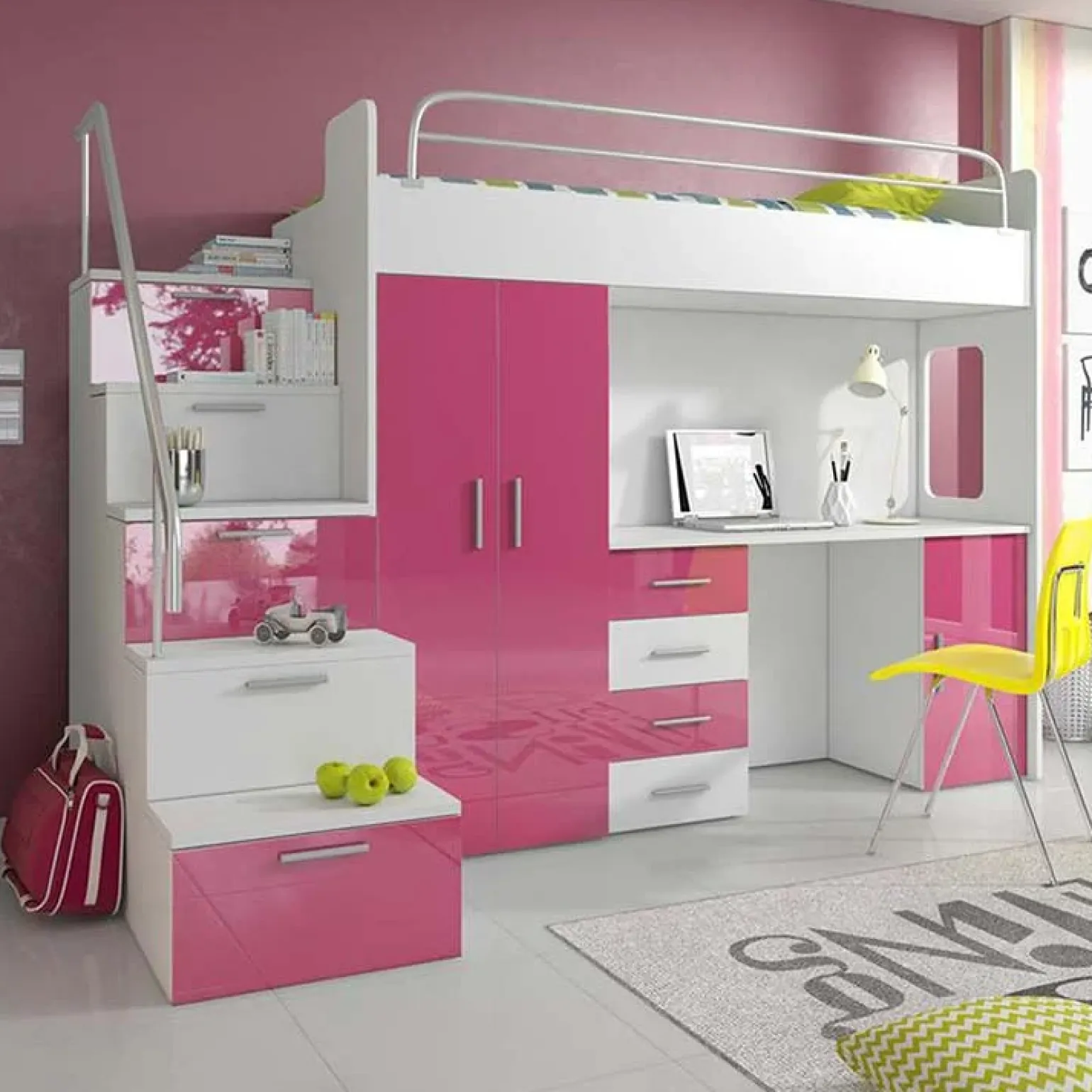 Cameretta 254x120cm 1 letto soppalco bambini bianco rosa lucido Simone Gihome®