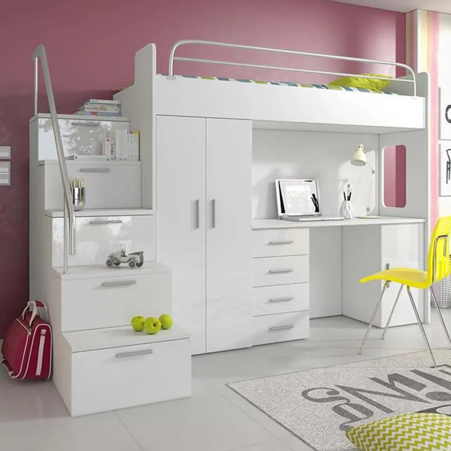 Cameretta 254x120cm 1 letto soppalco bianco lucido Simone Gihome®