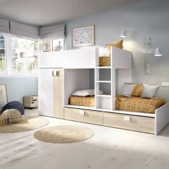 Cameretta 275x106cm bambini 2 letti reversibile rovere bianco opaco a soppalco Clark