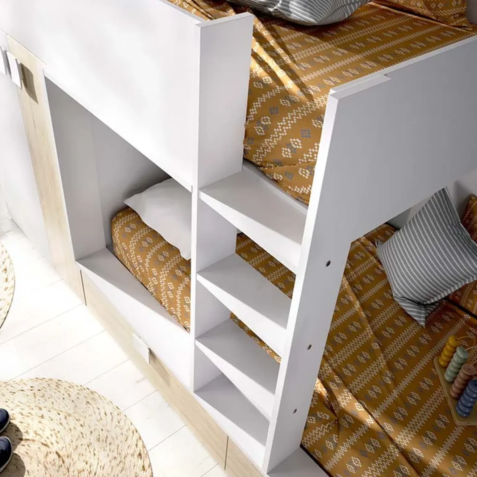 Cameretta 275x106cm bambini 2 letti reversibile rovere bianco opaco a soppalco Clark