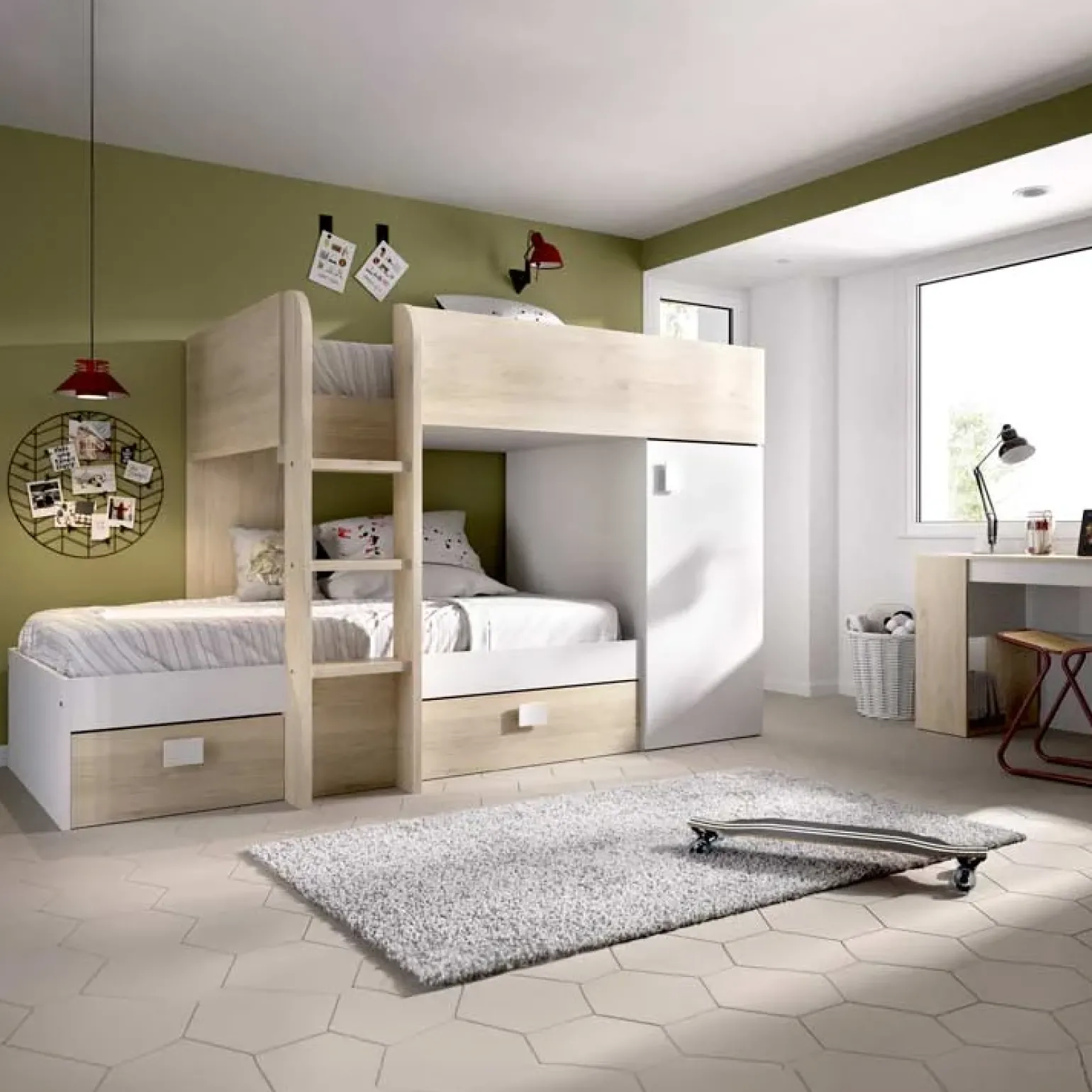 Cameretta 255x112cm bambini 2 letti reversibile rovere bianco a soppalco Sole