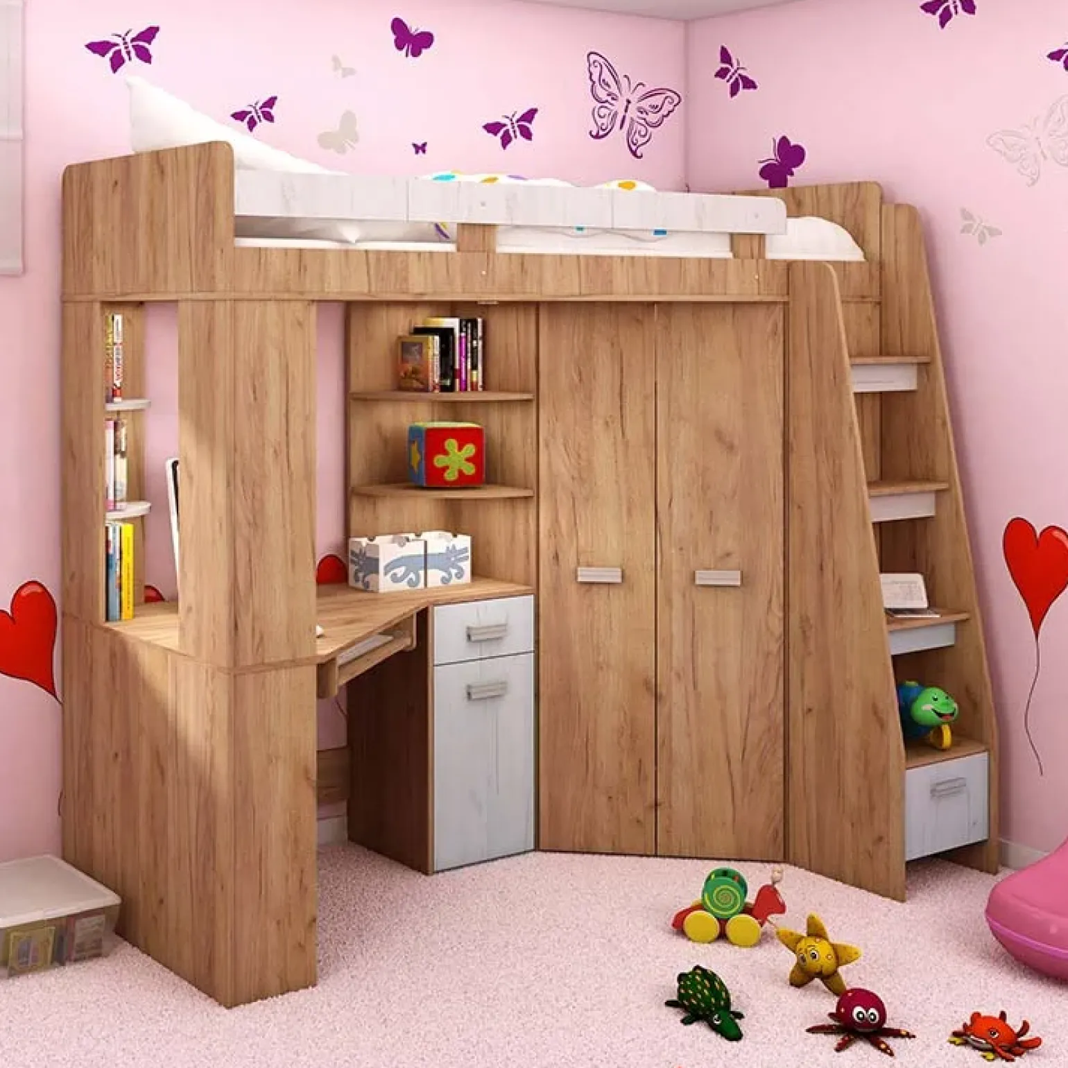 Cameretta 204x120cm bambini completa destra 1 letto singolo rovere miele bianco frassinato Dollie Gihome®