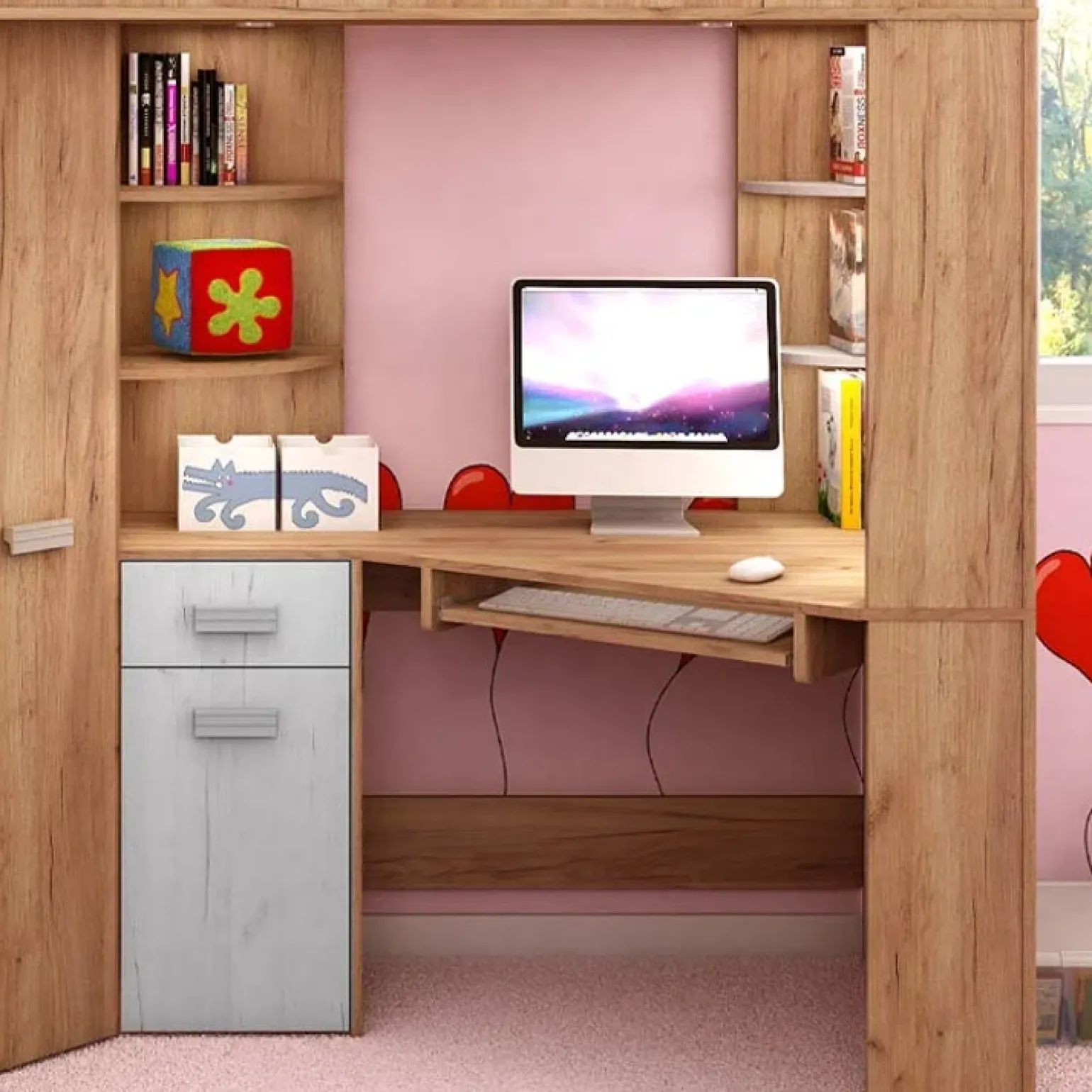 Cameretta 204x120cm bambini completa sinistra 1 letto singolo rovere miele bianco frassinato Dollie Gihome®