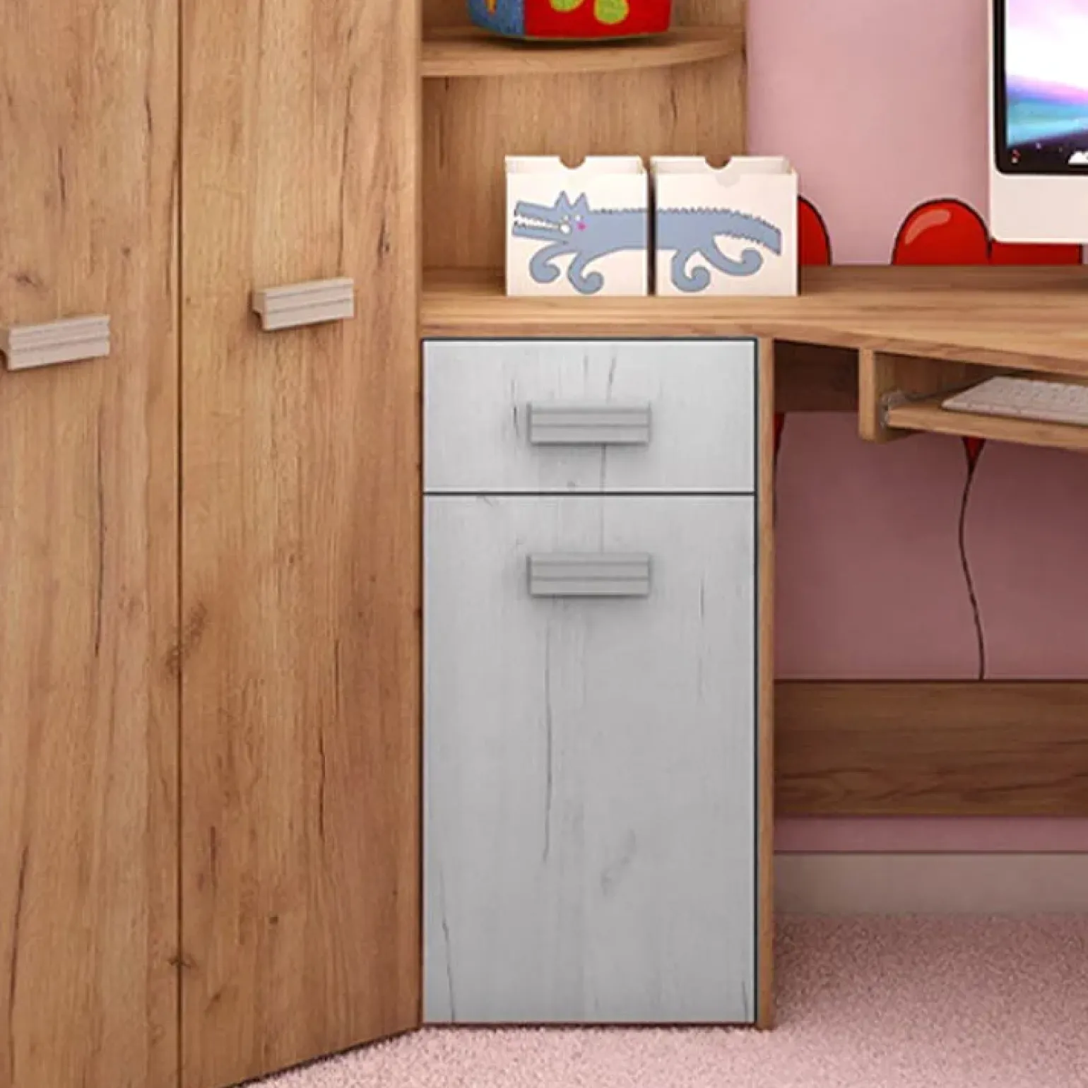 Cameretta 204x120cm bambini completa sinistra 1 letto singolo rovere miele bianco frassinato Dollie Gihome®
