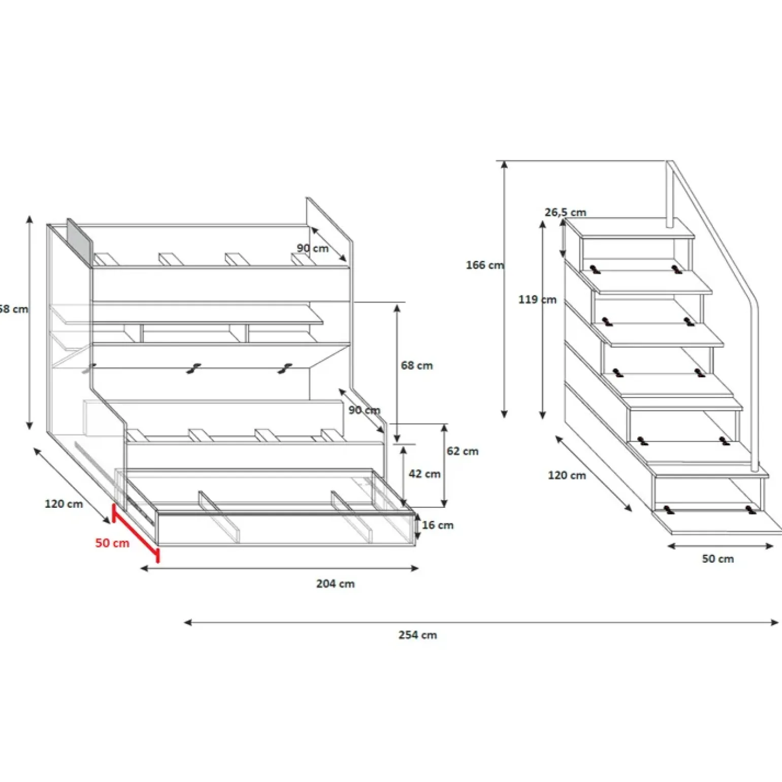 Cameretta 254x120cm con soppalco 2 letti singoli bianca rosa Enrico Gihome®