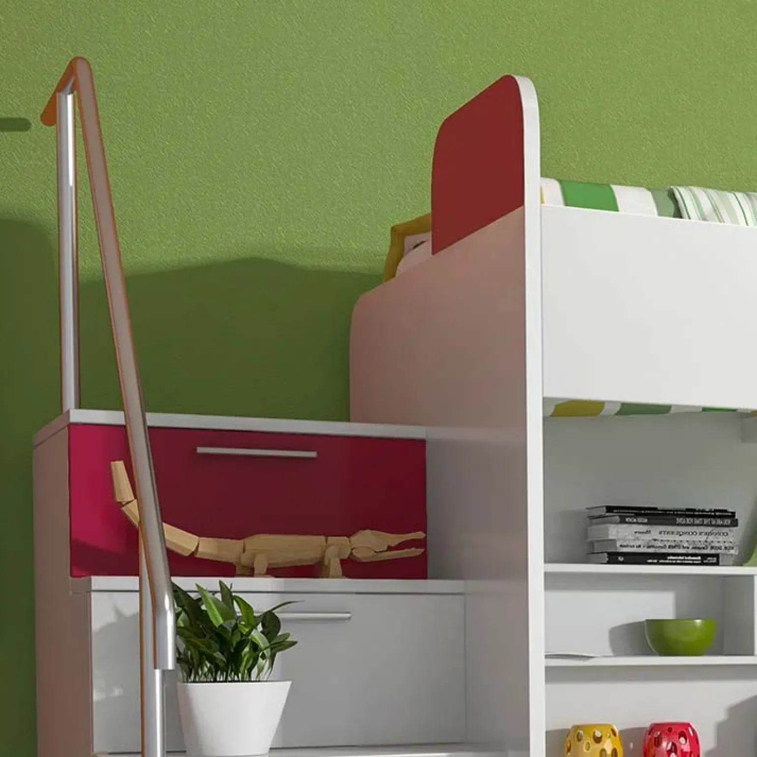 Cameretta 254x120cm con soppalco 2 letti singoli bianca rosa Enrico Gihome®