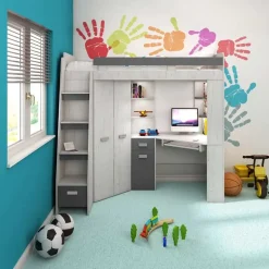 Cameretta 204x120cm sinistra bambini completa 1 letto singolo bianco pino grafite Dollie Gihome®