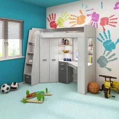 Cameretta 204x120cm sinistra bambini completa 1 letto singolo bianco pino grafite Dollie Gihome®