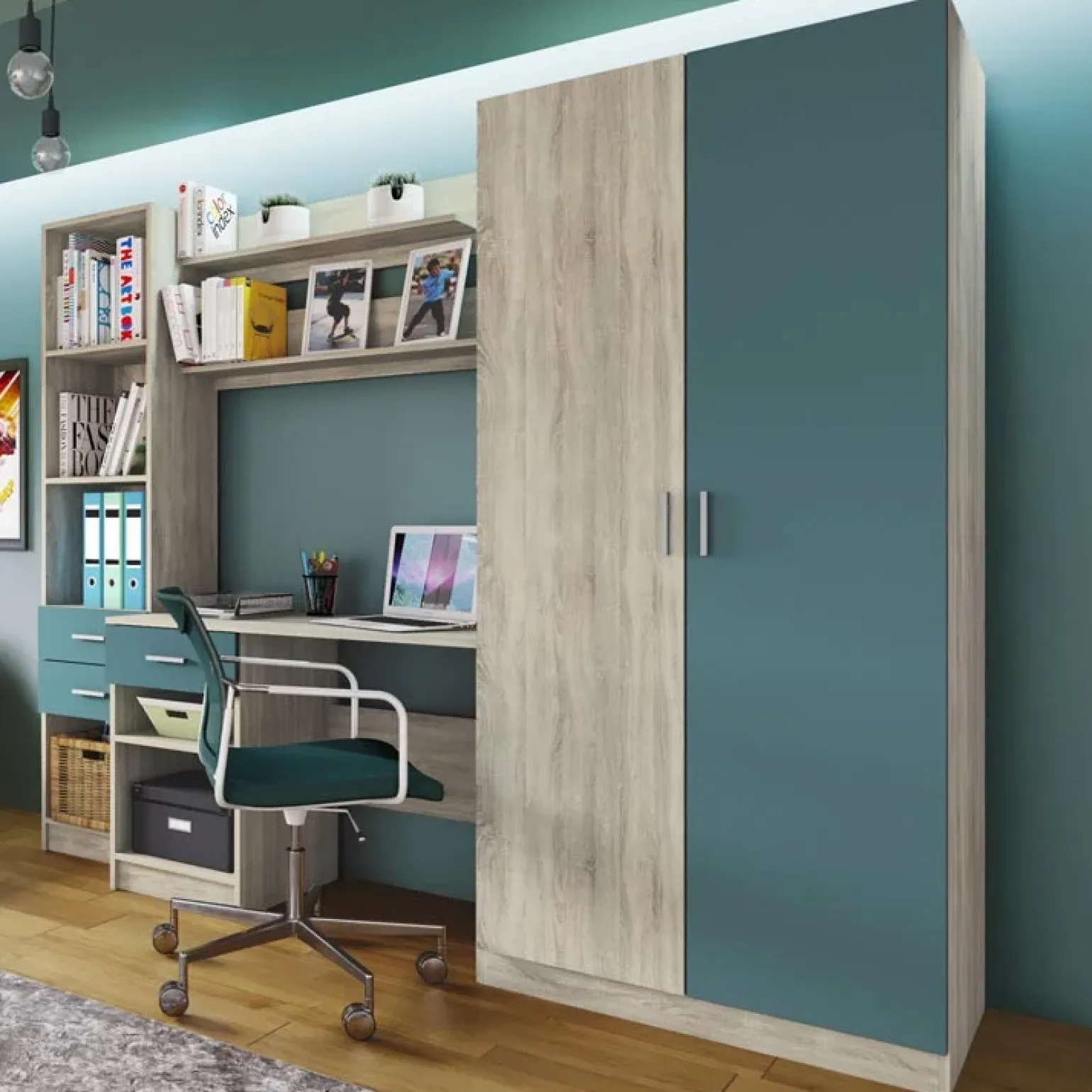 Cameretta per bambini completa con letto 120x190 cm rovere blu petrolio Alex Gihome®