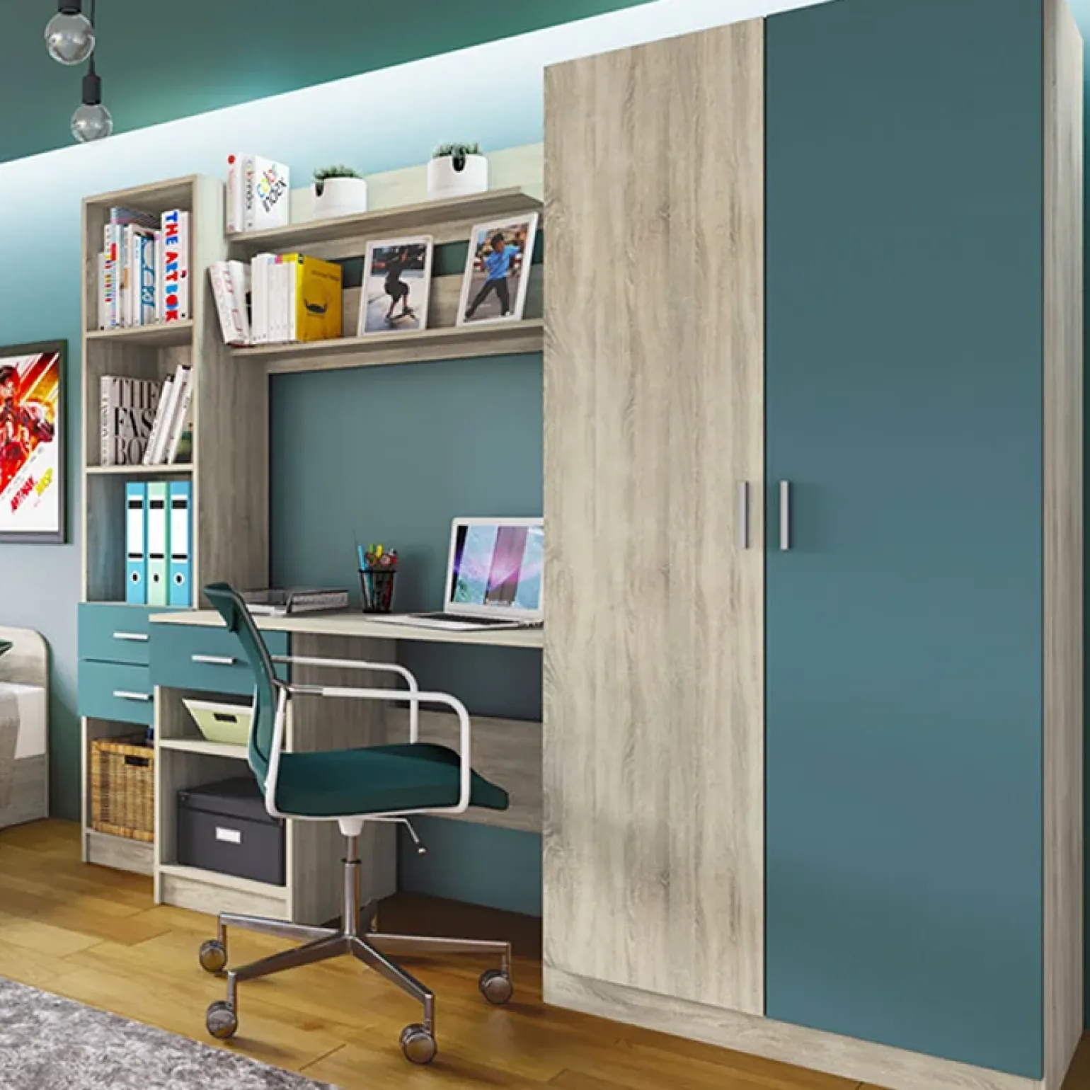 Cameretta per bambini completa 1 letto reversibile rovere blu petrolio Alex Gihome®