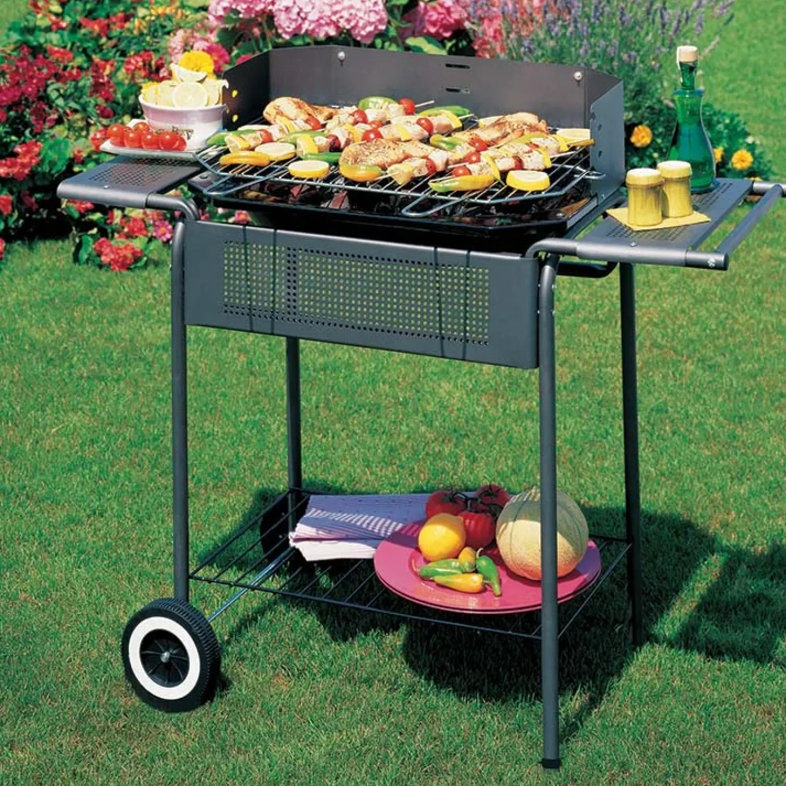 Carrello barbecue a carbonella con ruote da giardino 90x82cm acciaio Party