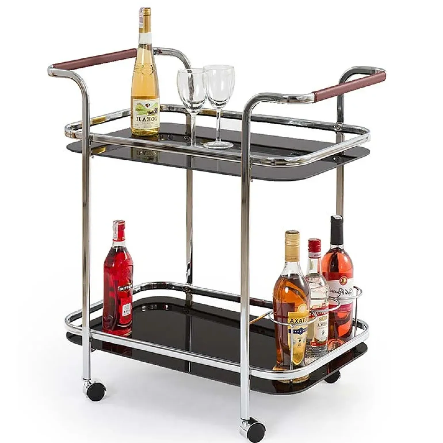 Carrello da cucina bar 68x74h cm con vetro e ruote nero acciaio cromato Riku