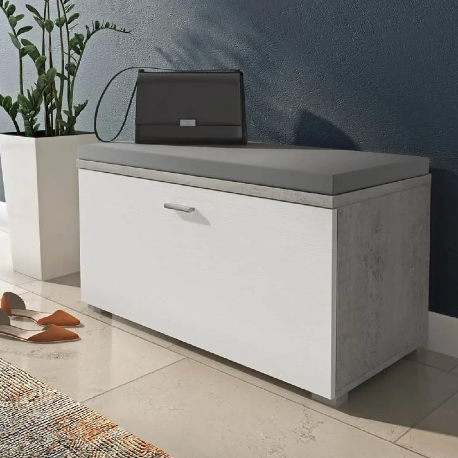 Cassapanca scarpiera 85x42h cm moderna bianco frassinato cemento Danielle
