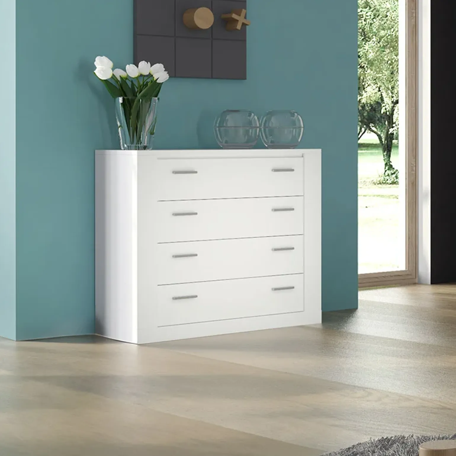 Cassettiera 100x90h 4 cassetti cm bianco opaco Ombra