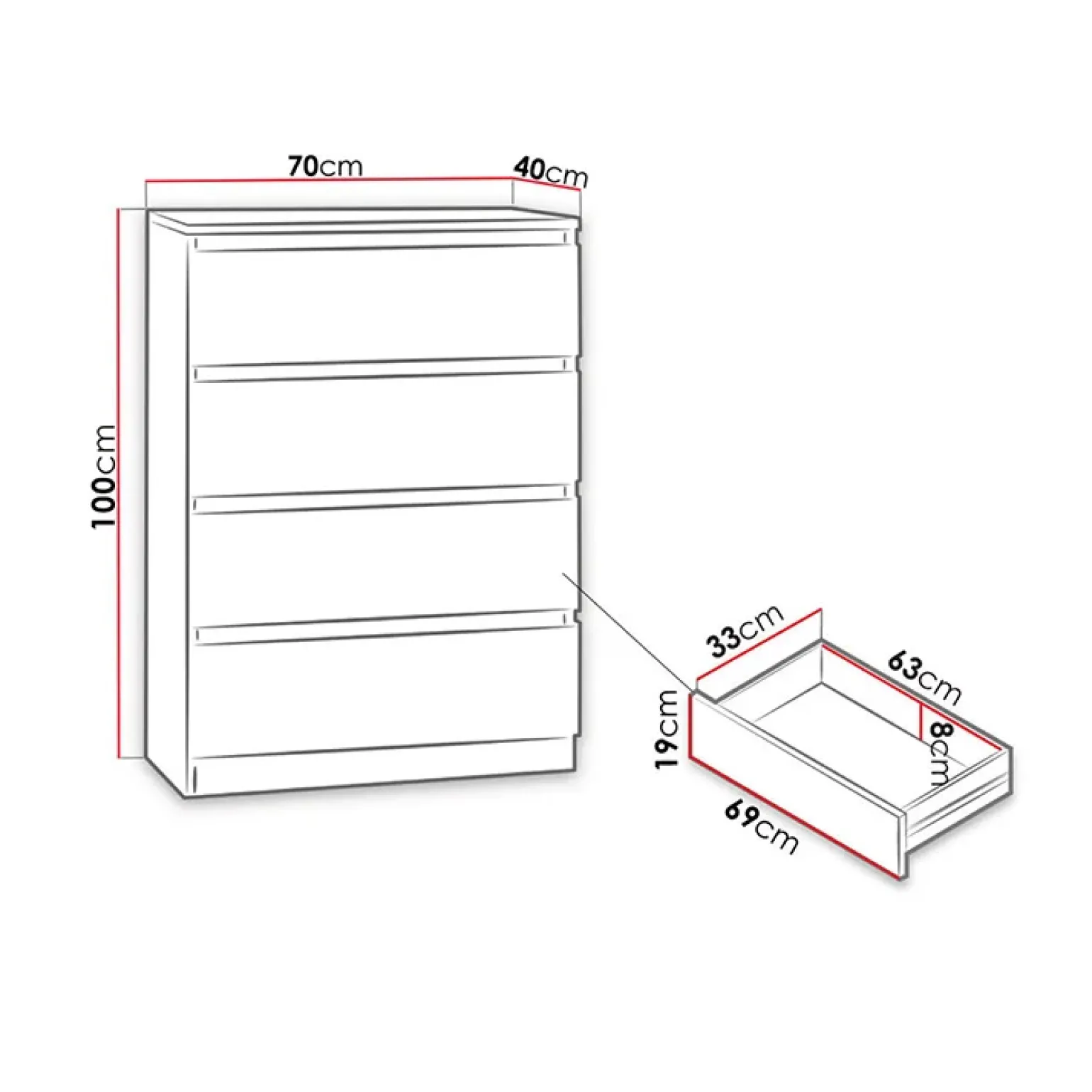 Cassettiera 70x100h cm 4 cassetti moderna rovere Rotterdam