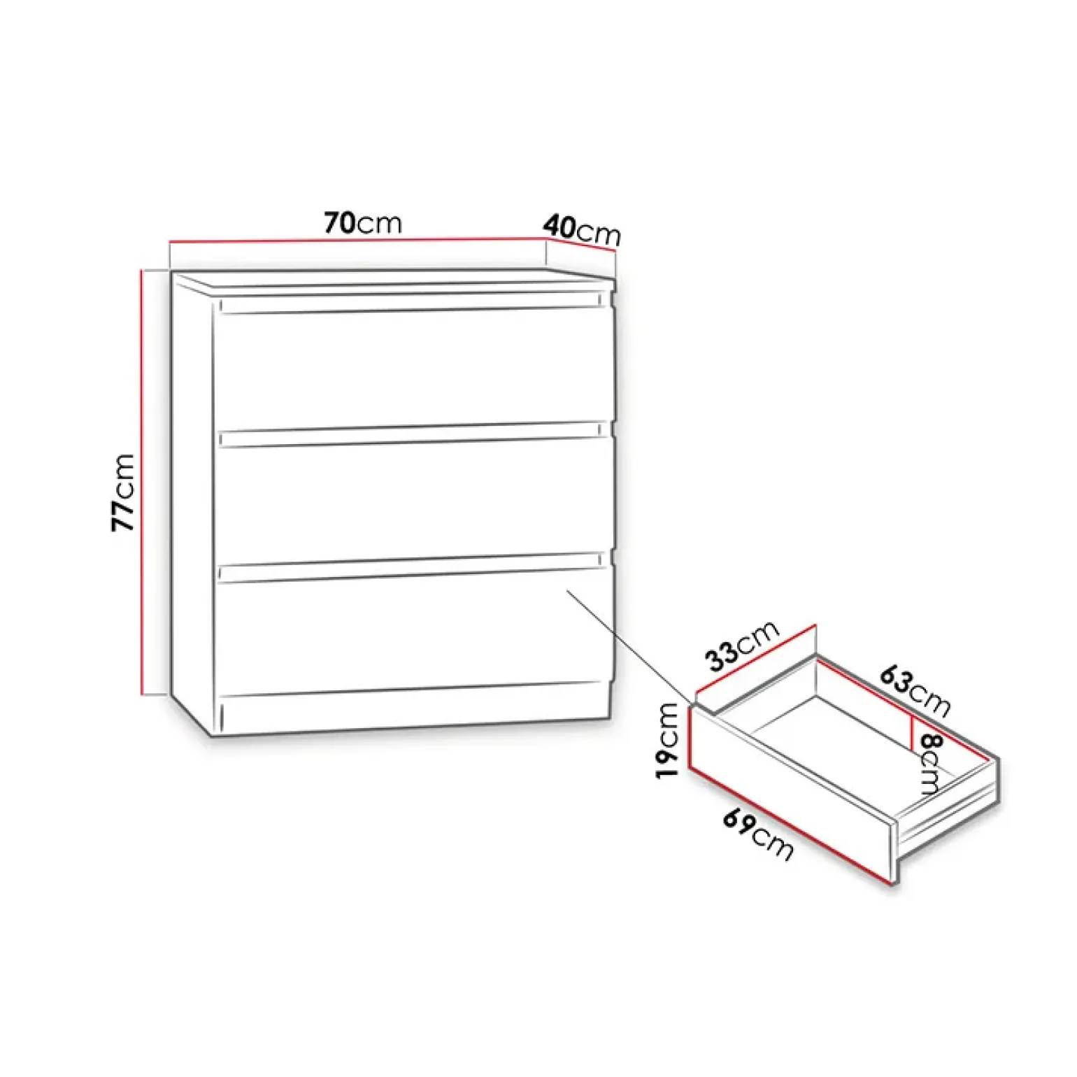 Cassettiera 70x77h cm 3 cassetti moderna bianco Rotterdam