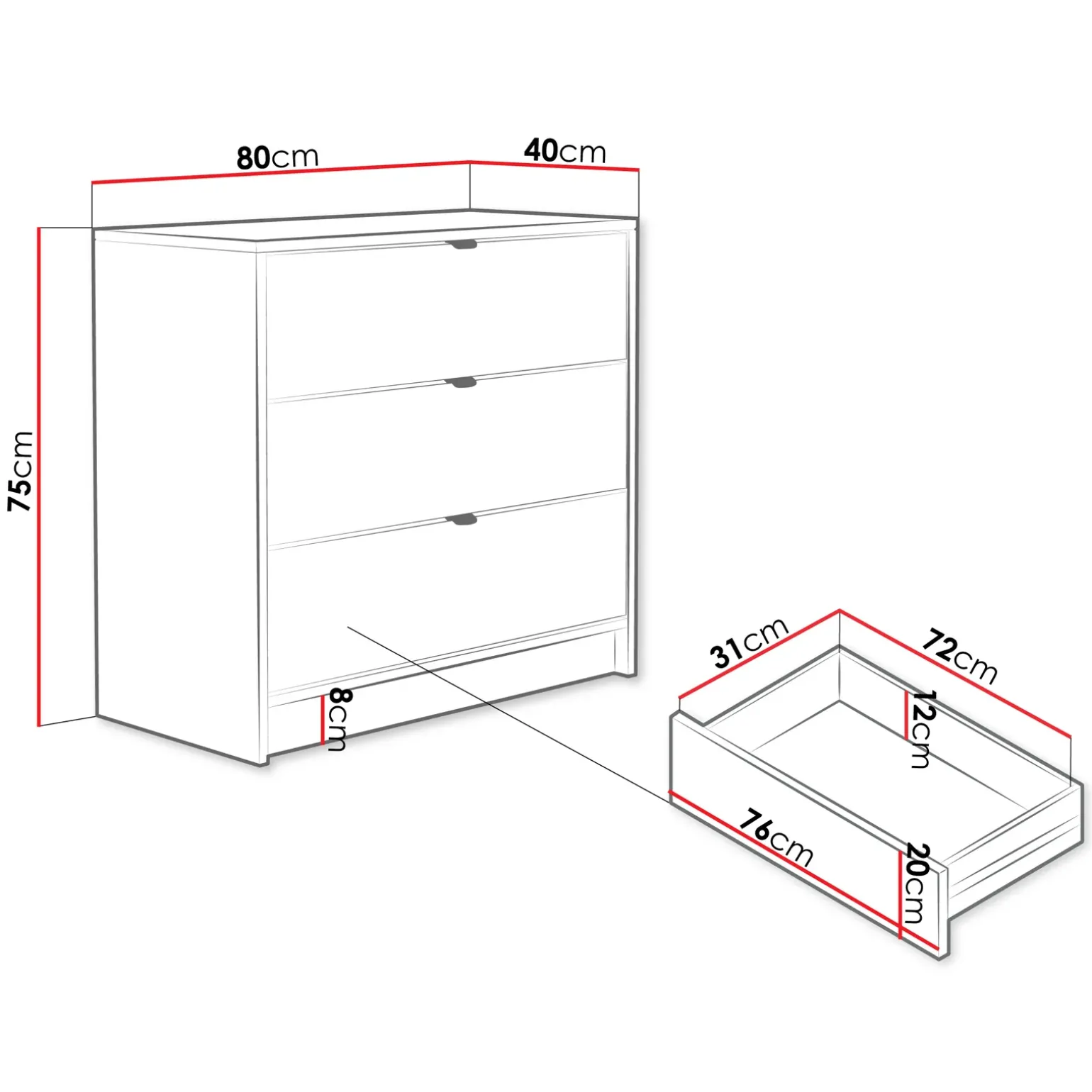 Cassettiera 80x75h cm 3 cassetti moderna bianco Athena