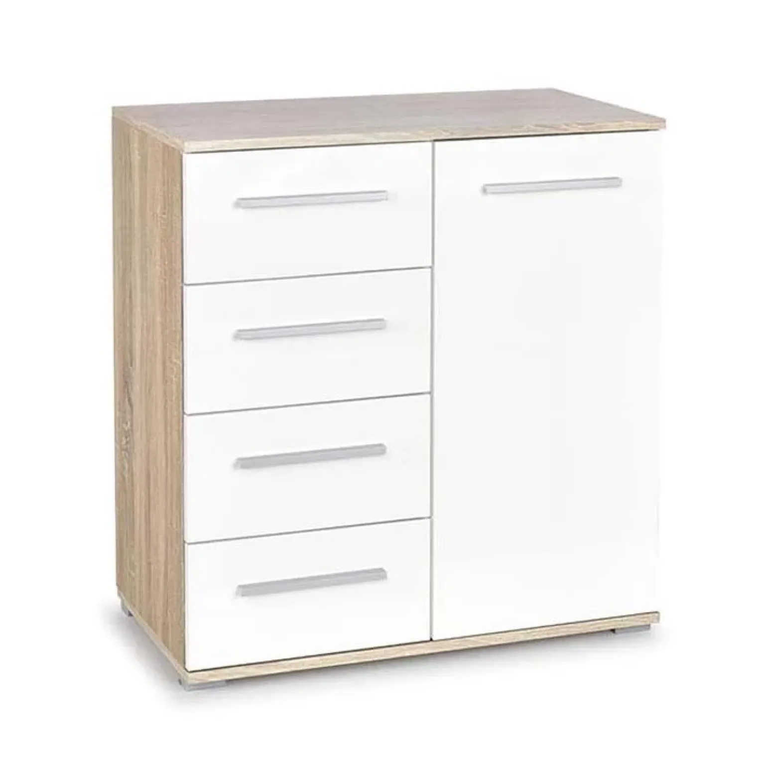 Cassettiera 77x82h cm 4 cassetti 1 anta moderna bianca rovere Viki