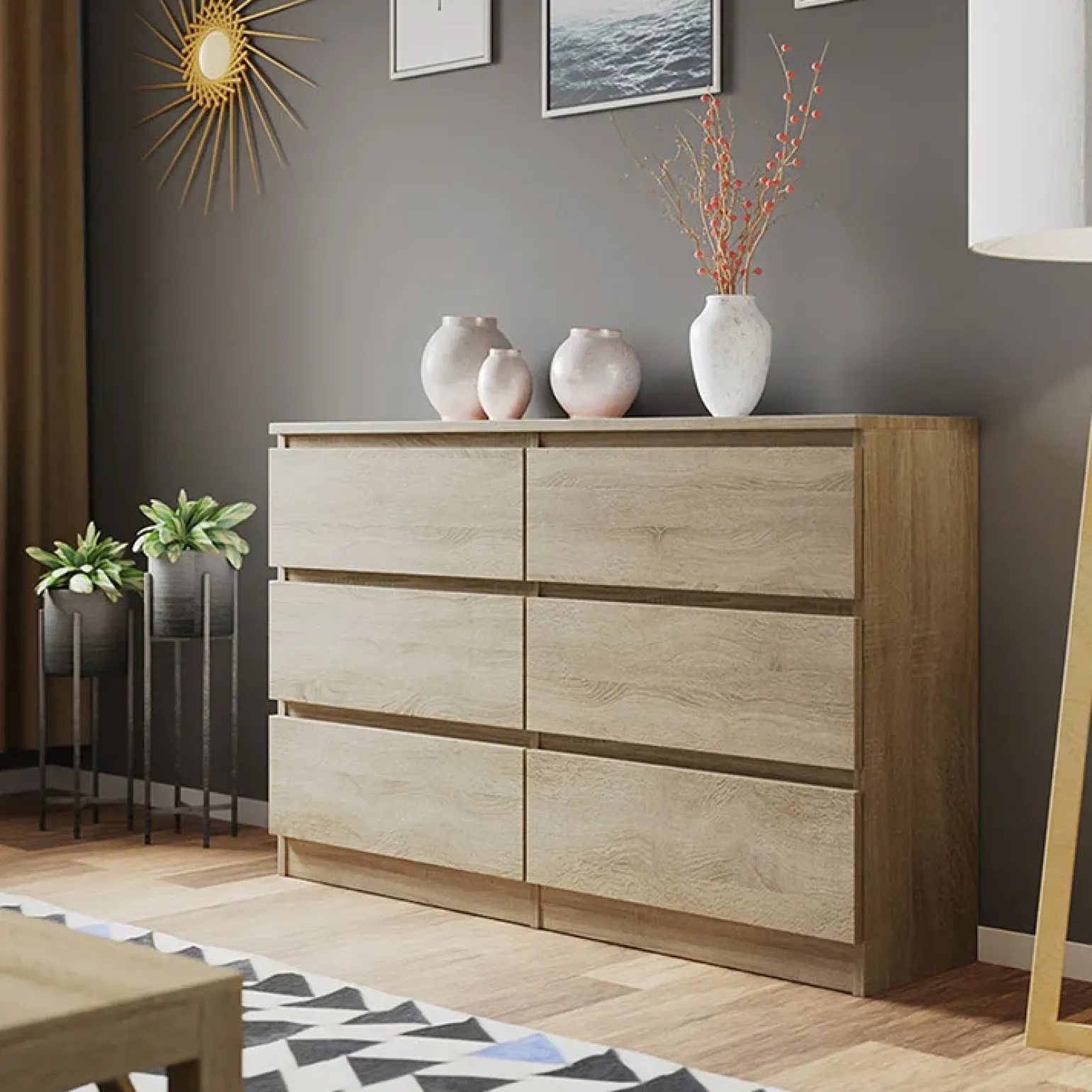 Cassettiera 120x77h cm 6 cassetti moderna rovere Rotterdam