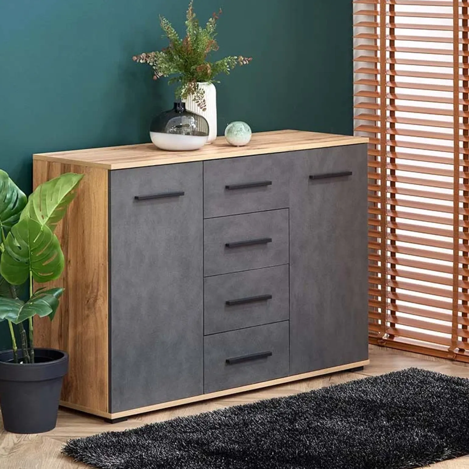 Cassettiera 116x82h cm 4 cassetti 2 ante rovere grigio Viki