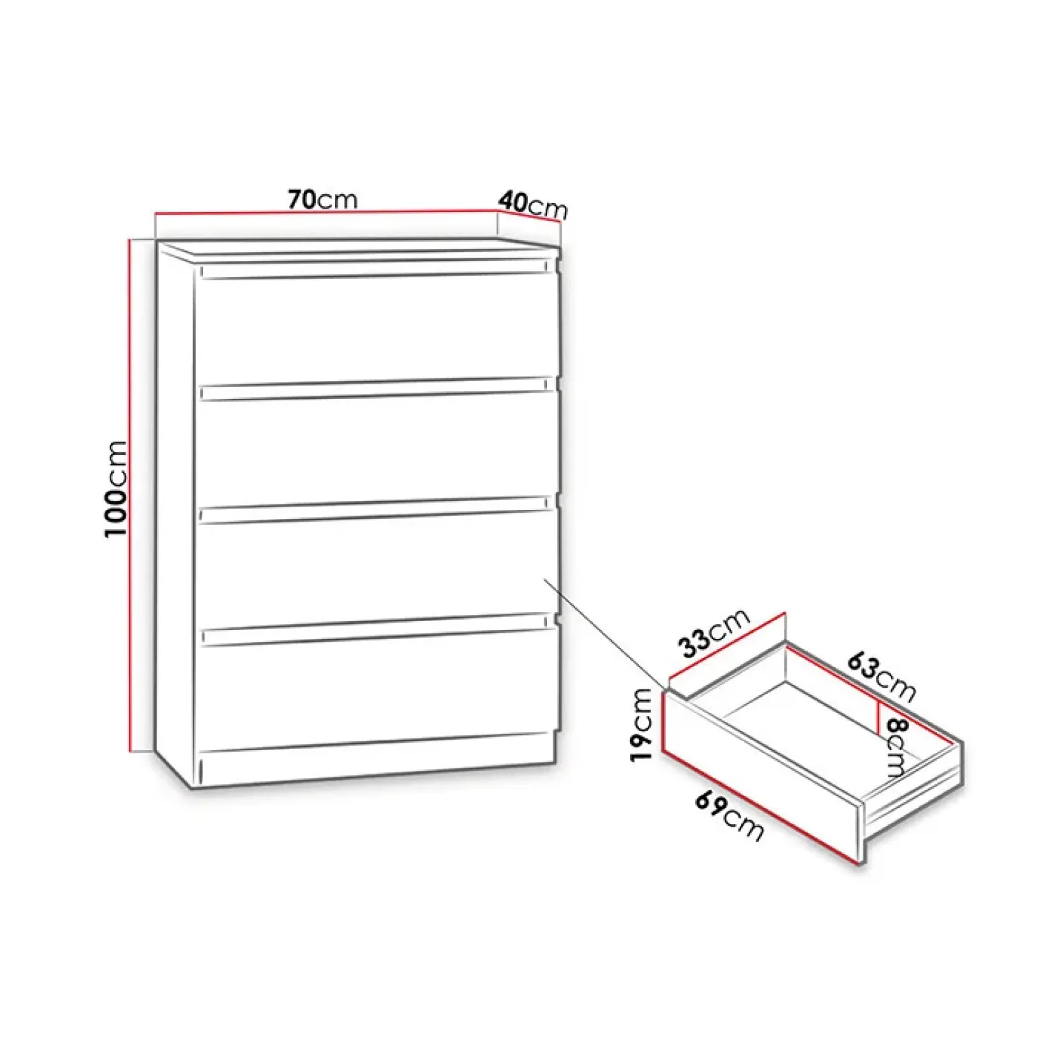 Cassettiera 70x100h cm 4 cassetti moderna bianco Rotterdam